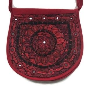 Red Velvet Boho Embroidered Crossbody Bag